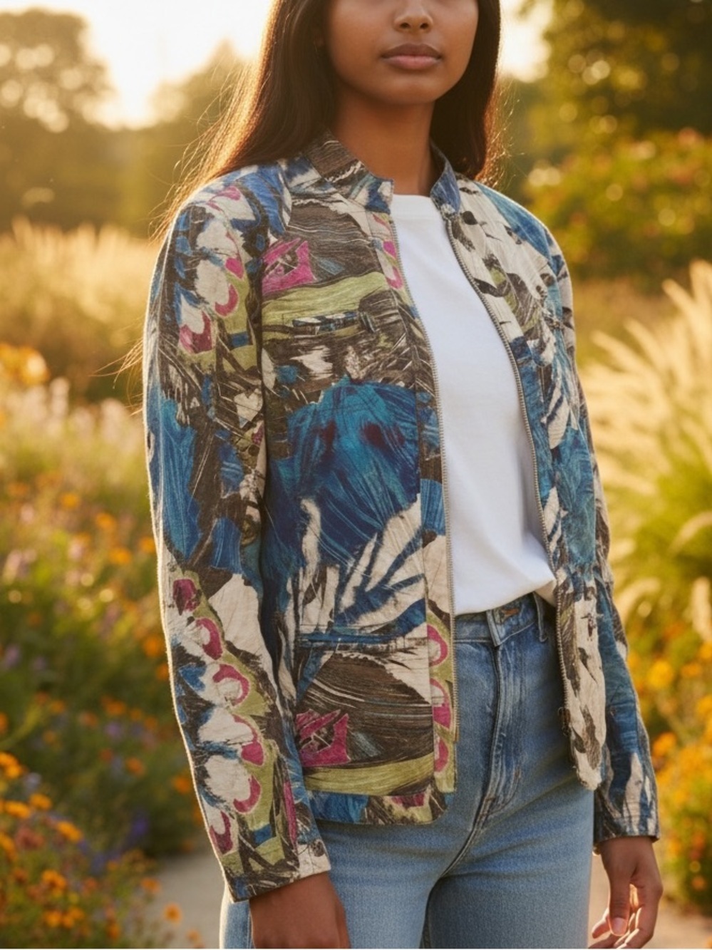 Chico’s jacket,100% cotton denim feel. Abstract print zip up. All season.